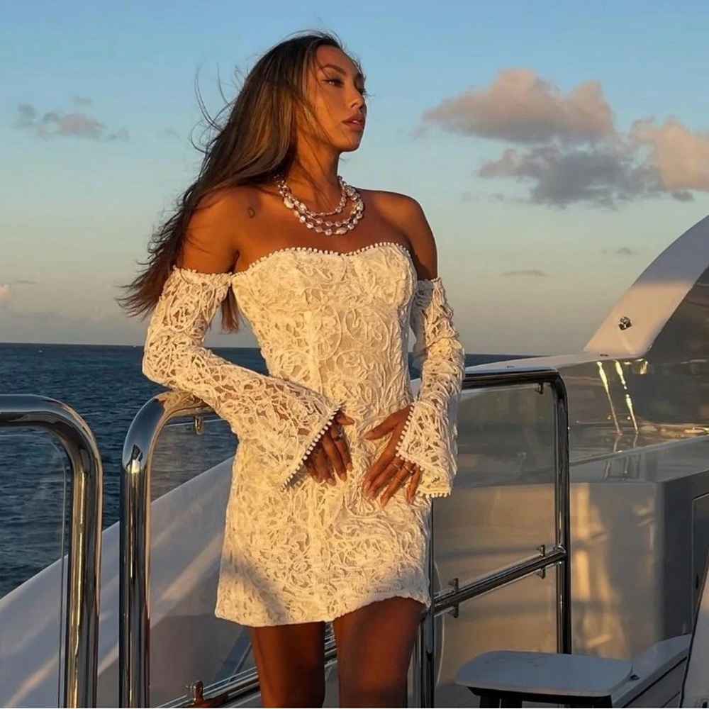 12th Tribe White Lace Off-Shoulder Mini Dress